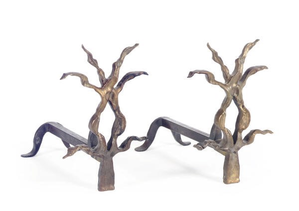 A PAIR OF GILT-METAL AND IRON ANDIRONS,