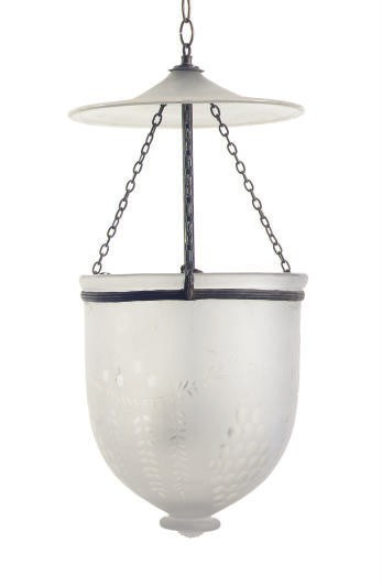 AN ETCHED GLASS HANGING LANTERN,