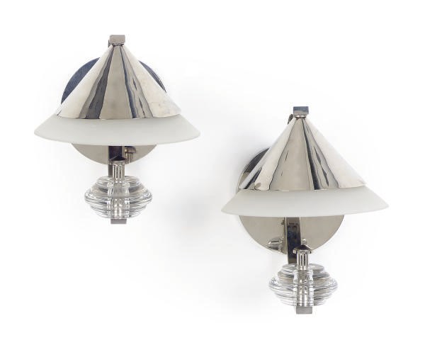 A PAIR OF CHROMED-METAL AND GLASS WALL LIGHTS,