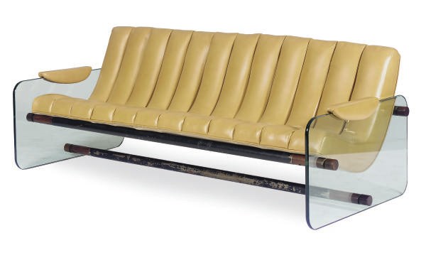 A LEATHER, GLASS AND ROSEWOOD SOFA**,