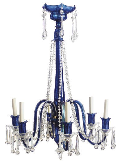 A CLEAR AND BLUE MOLDED GLASS SIX-LIGHT CHANDELIER,