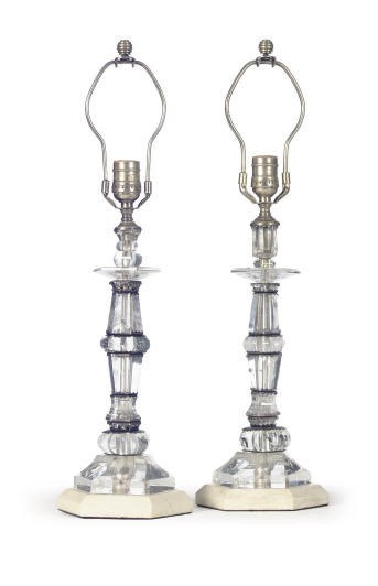 A PAIR OF METAL-MOUNTED, ROCK CRYSTAL AND CUT-GLASS TABLE LAMPS,