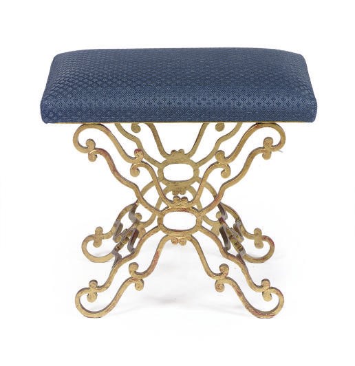 A GILT-METAL AND UPHOLSTERED BENCH,