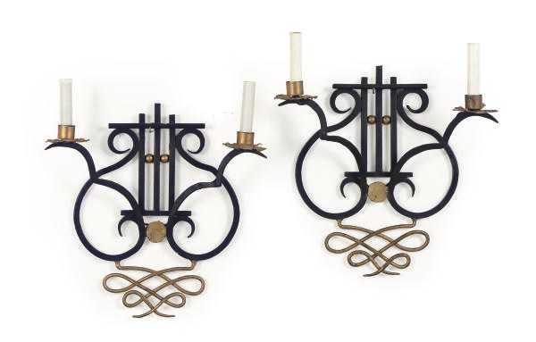 A PAIR OF PATINATED AND GILT-METAL TWO-BRANCH WALL LIGHTS,