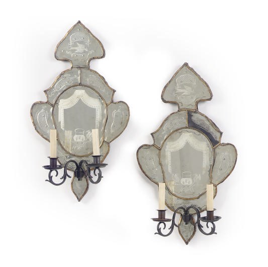 A SET OF FOUR ETCHED GLASS TWO-BRANCH WALL LIGHTS,