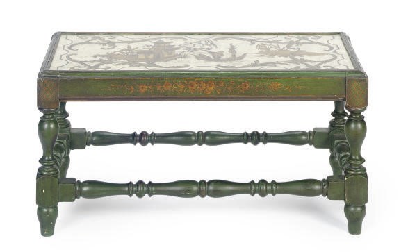 A GREEN PAINTED AND CHINOISERIE DECORATED COFFEE TABLE,