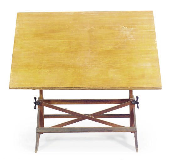 AN OAK, FRUITWOOD AND STEEL ARCHITECT'S TABLE,