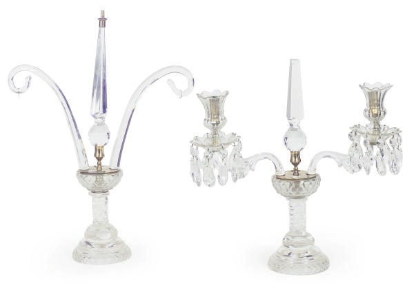 A PAIR OF CUT-GLASS TWO-LIGHT CANDELABRA,
