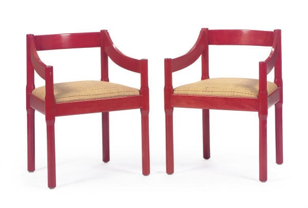 A SET OF FOUR RED-STAINED BEECHWOOD ARMCHAIRS,