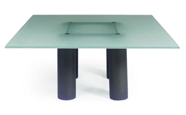 AN ENAMELED METAL AND GLASS DINING TABLE,