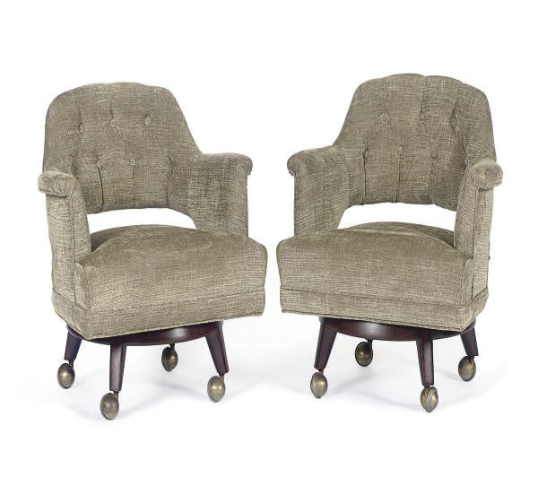 A PAIR OF STAINED-WOOD AND CHENILLE-UPHOLSTERED SWIVEL ARMCHAIRS,