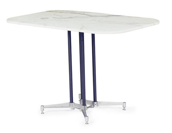 AN INDUSTRIAL STEEL AND WHITE MARBLE RECTANGULAR TABLE,