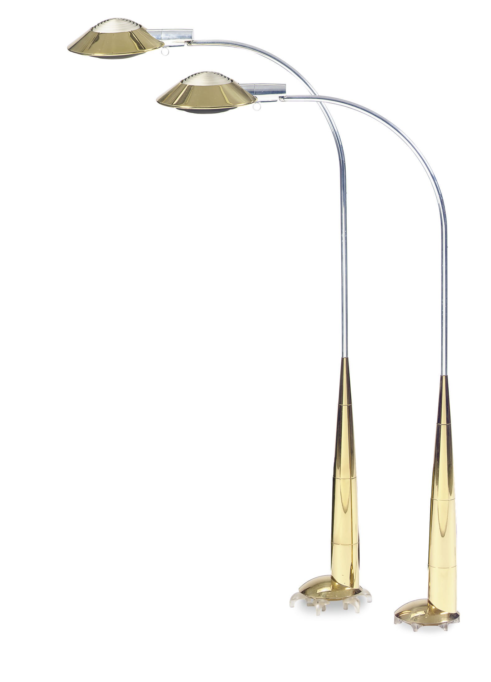 TWO SIMILAR CHROMED METAL AND BRASS FLOOR LAMPS,