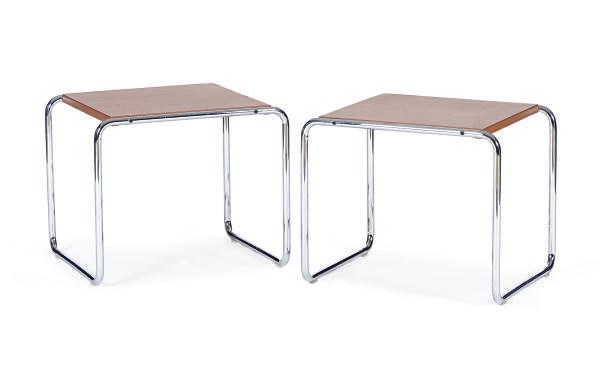 A PAIR OF CHROME METAL AND TAN LEATHER LOW TABLES,