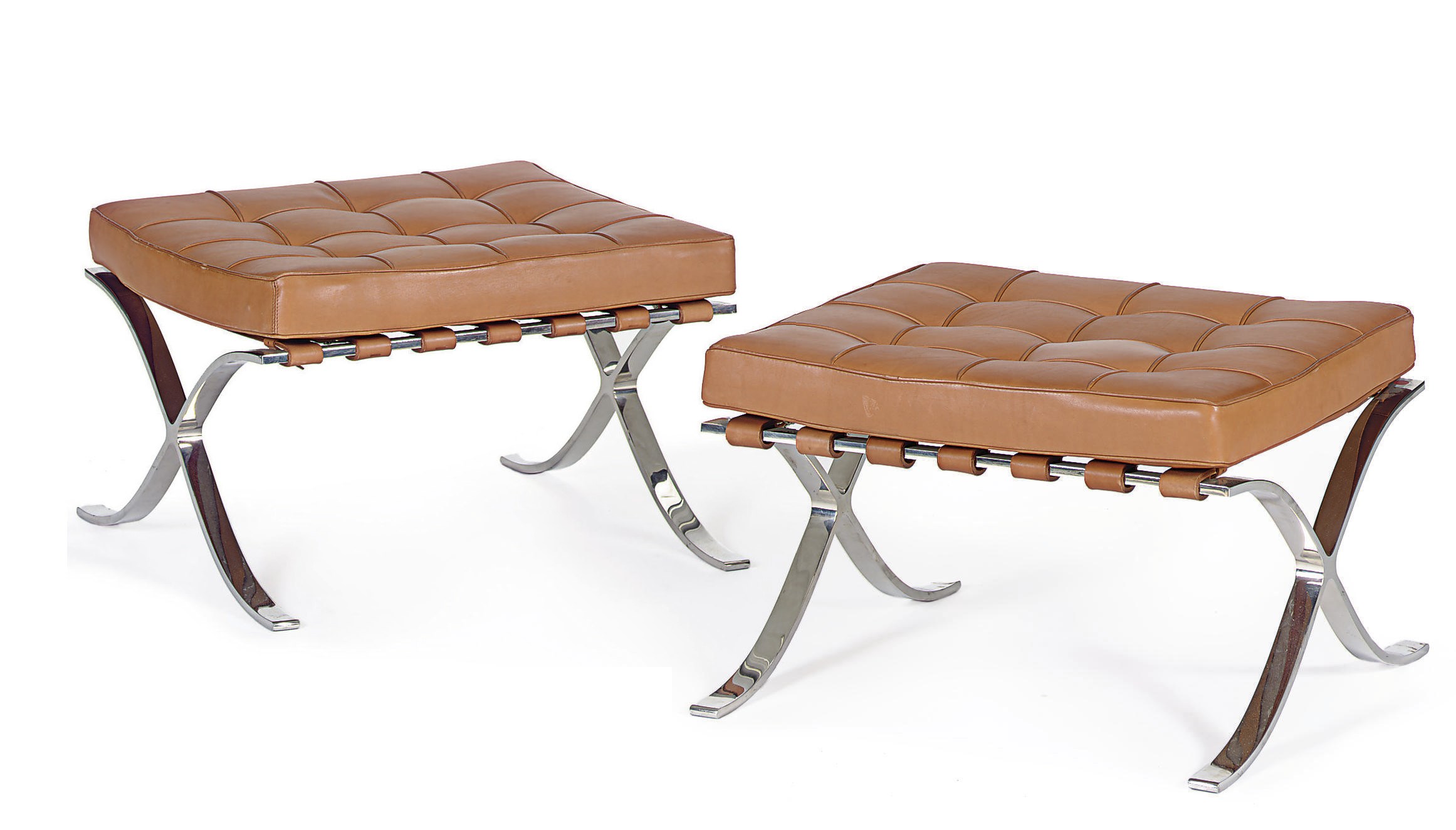 A PAIR OF STAINLESS STEEL AND TAN LEATHER 'BARCELONA' STOOLS,