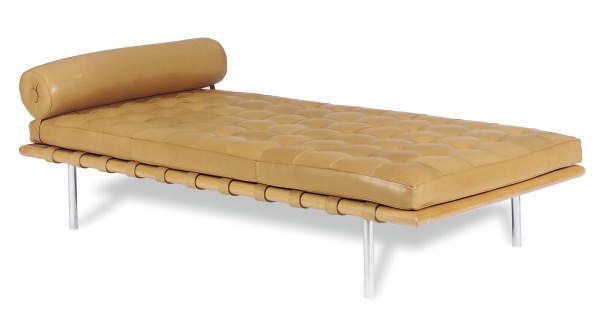 A STAINLESS STEEL AND TAN LEATHER 'BARCELONA' DAYBED,