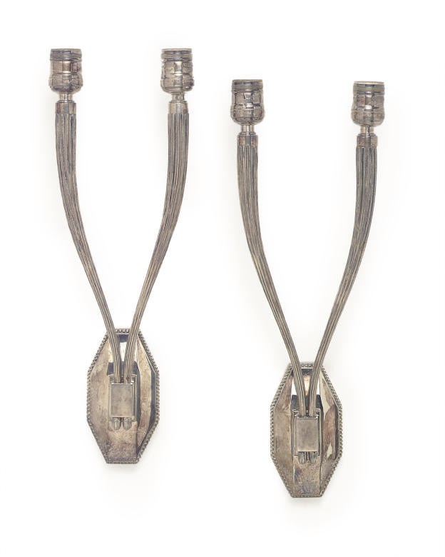 A SET OF SILVER-PLATED WALL LIGHTS,