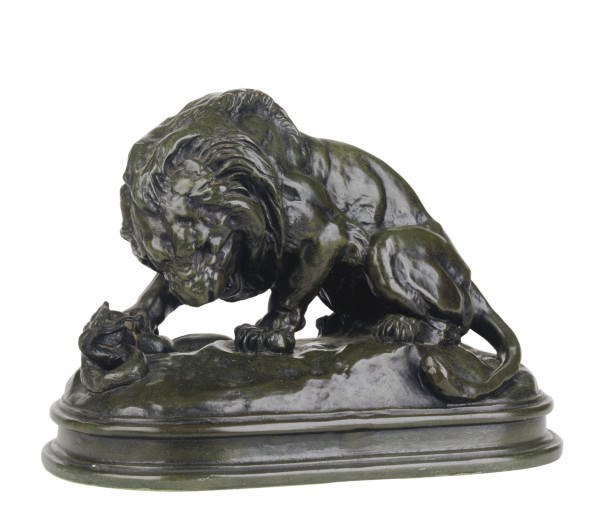 A FRENCH PATINATED BRONZE FIGURAL GROUP, 'LION CRUSHING A SNAKE',