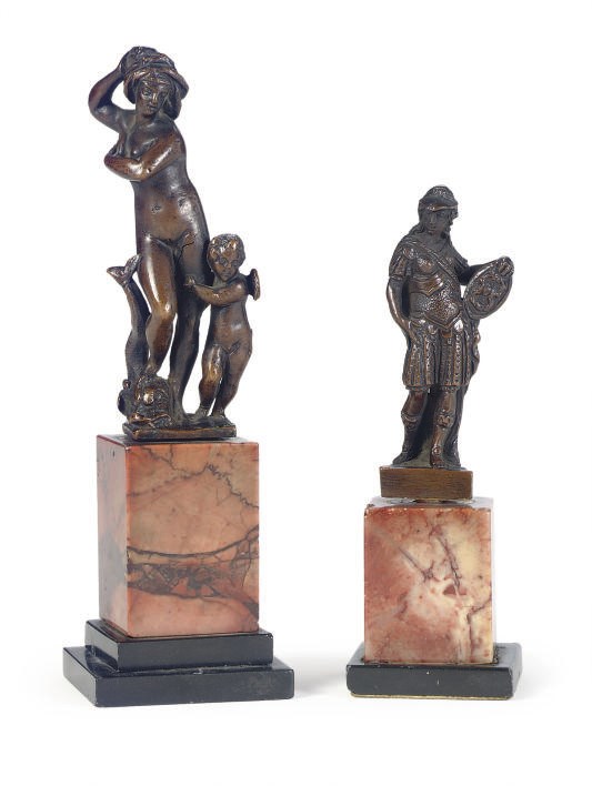 TWO ITALIAN PATINATED BRONZE CABINET FIGURES,