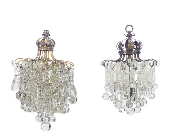 TWO GILT-METAL AND CUT-GLASS CHANDELIERS,