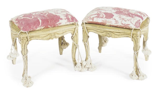 A PAIR OF CREAM-PAINTED AND CANED TABOURETS,