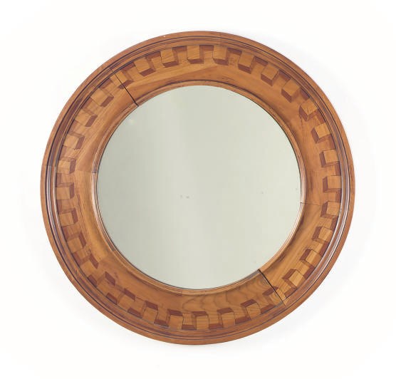 A STAINED FRUITWOOD ROUND WALL MIRROR,