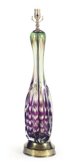 A GREEN AND PURPLE GLASS TABLE LAMP,