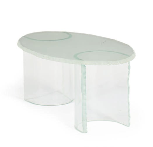 A GLASS LOW TABLE,