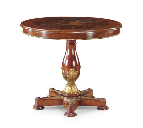 A MAHOGANY MARQUETRY INLAID AND PARCEL-GILT DECORATED CENTER TABLE,