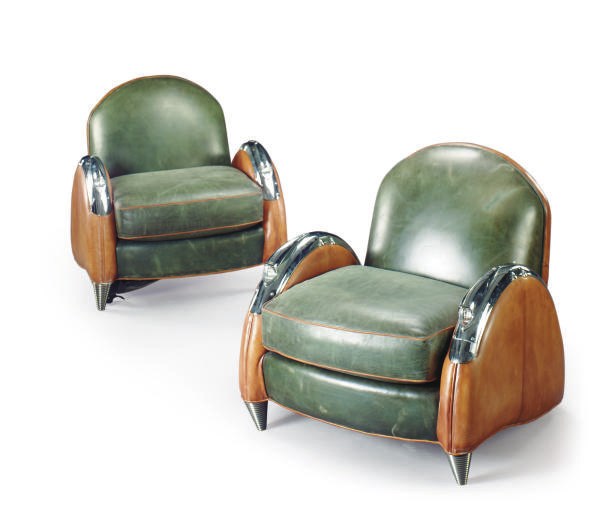 A PAIR OF ART DECO STYLE LEATHER AND CHROME 'HEADLIGHT' CLUB CHAIRS,