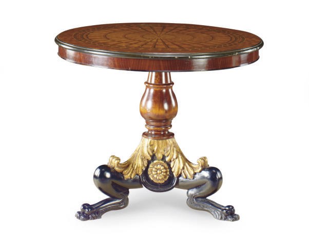 A MAHOGANY PARQUETRY INLAID EBONIZED AND PARCEL-GILT DECORATED CENTER TABLE,