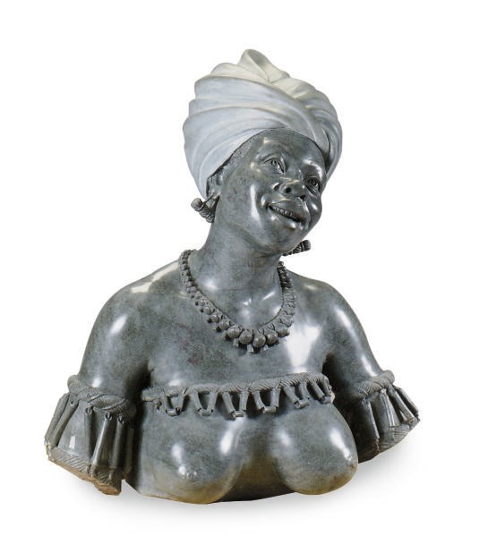 A LARGE CARVED GRAY STONE BUST OF AN AFRICAN WOMAN,