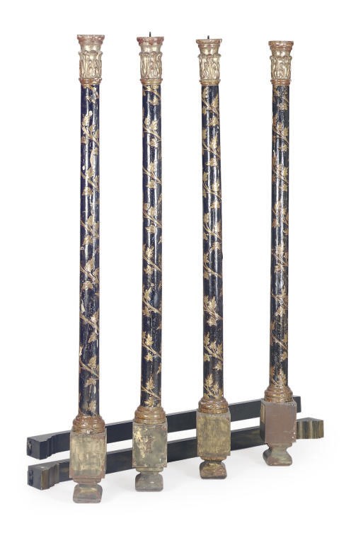 AN EBONIZED, PARCEL-GILT AND SILVER FOUR-POSTER BED,