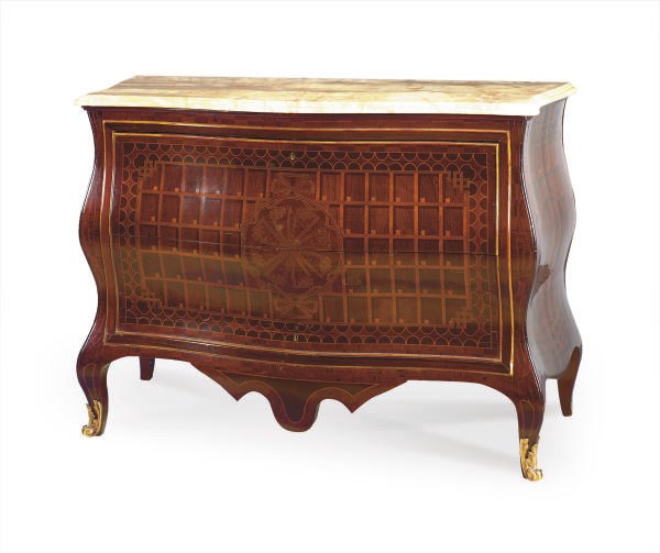 AN ITALIAN ROCOCO STYLE INLAID WALNUT BOMBE COMMODE,