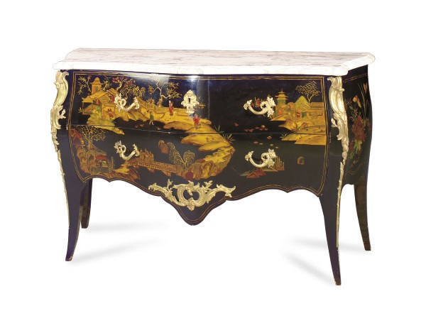 A LOUIS XVI STYLE ORMOLU-MOUNTED BLACK, RED AND GILT JAPANNED COMMODE,