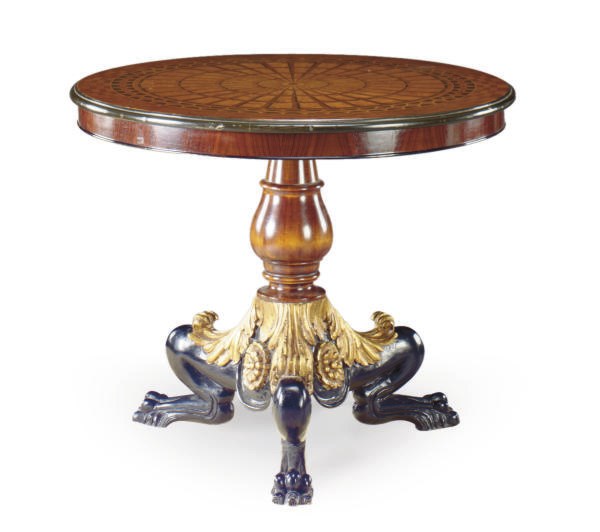 A MAHOGANY INLAID EBONIZED AND PARCEL-GILT DECORATED CENTER TABLE,