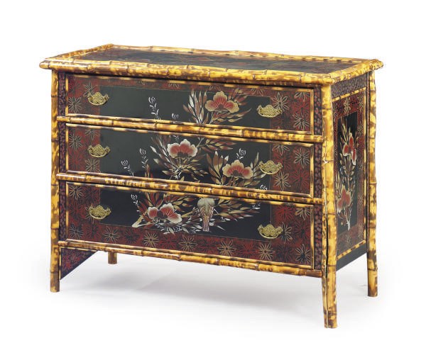 A BAMBOO AND LACQUER CHEST OF DRAWERS,