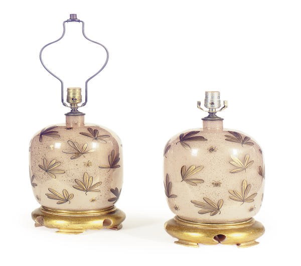 A PAIR OF GILT-DECORATED PINK GLASS BOTTLE VASES,
