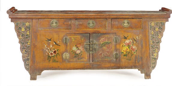 A CHINESE POLYCHROME-PAINTED SOFTWOOD SIDE CABINET,