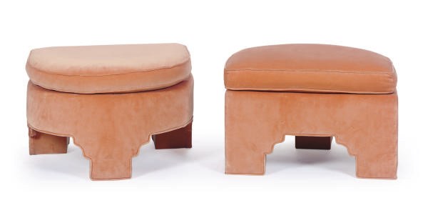 A PAIR OF ORANGE UPHOLSTERED DEMILUNE BENCHES,