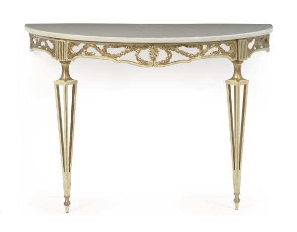 A PAIR OF CREAM-PAINTED AND GILT-METAL, MARBLE-TOP CONSOLE TABLES,
