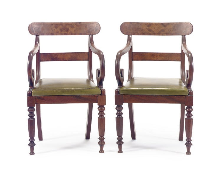 A PAIR OF MAHOGANY OPEN ARMCHAIRS,