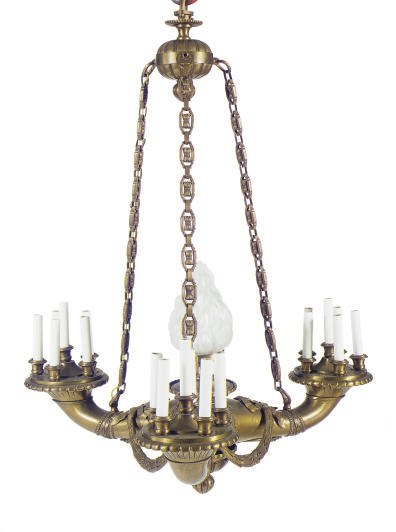 A GILT-BRONZE AND FROSTED GLASS THREE-BRANCH EIGHTEEN-LIGHT CHANDELIER,