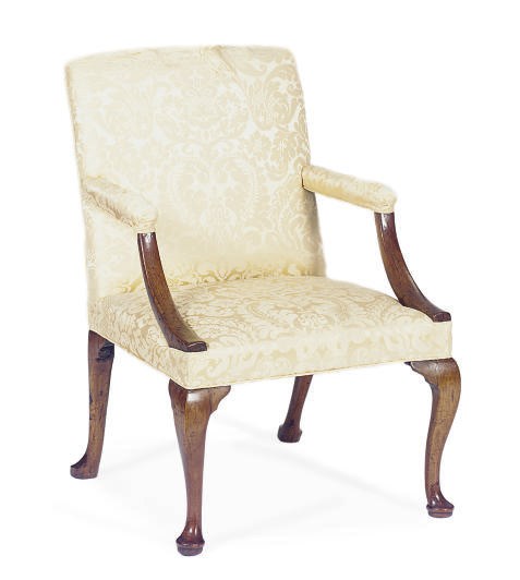 A GEORGE II WALNUT OPEN ARMCHAIR,