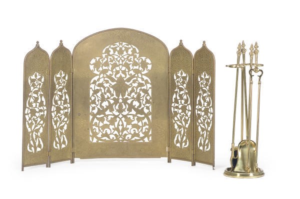 A BRASS FIVE-PANEL FIRESCREEN,