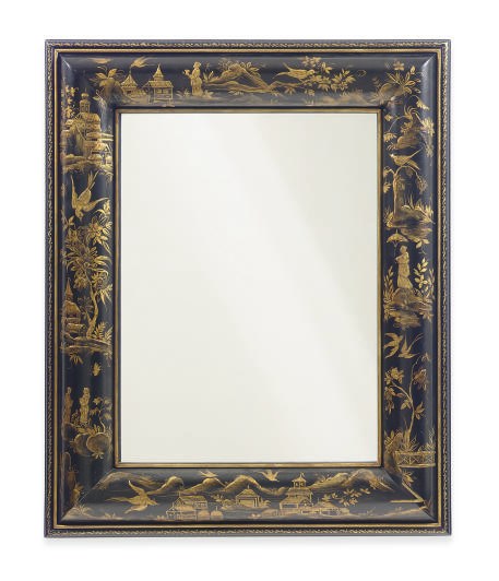 A BLACK AND GILT-JAPANNED WALL MIRROR,