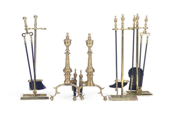 A PAIR OF BRASS AND IRON ANDIRONS,