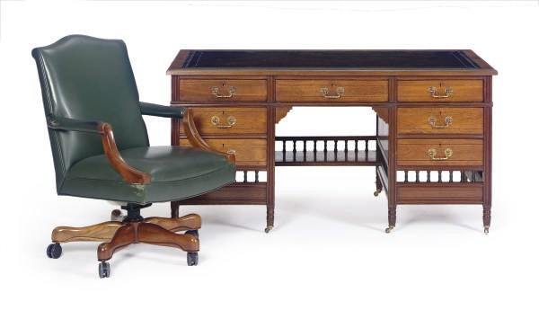 AN ENGLISH AESTHETIC MOVEMENT WALNUT, BURL WALNUT AND PART-EBONIZED DESK,