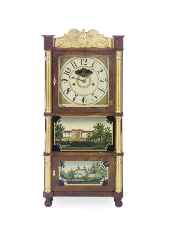 AN AMERICAN REVERSE PAINTED AND PARCEL-GILT MAHOGANY CLOCK,