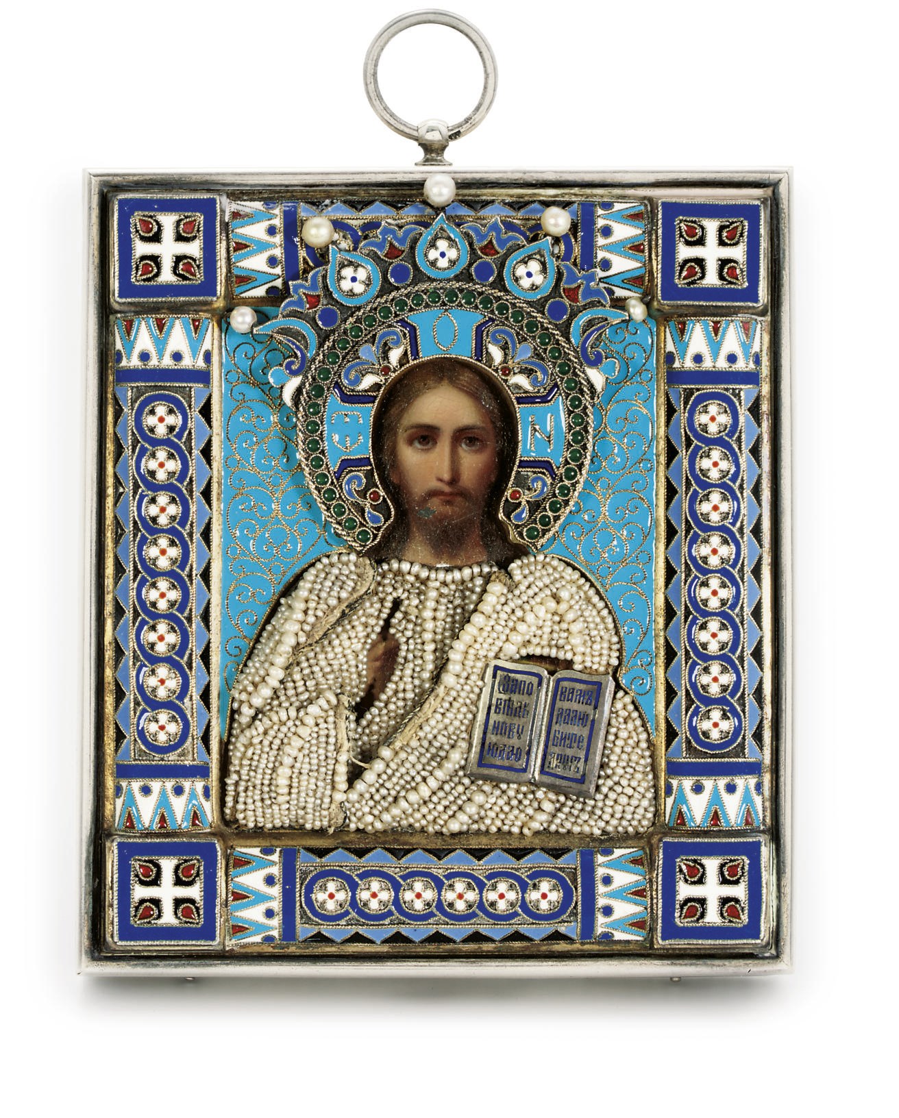 A silver, cloisonné enamel and seed-pearl icon